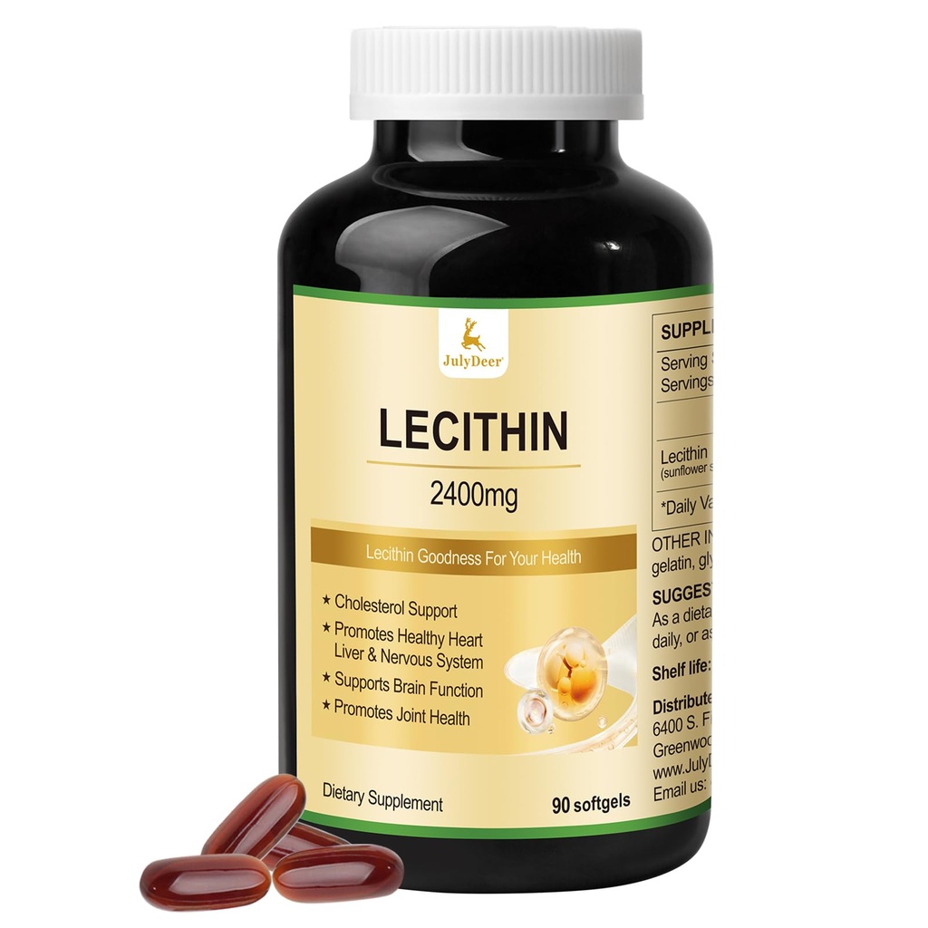 JulyDeer Sunflower Lecithin 2400mg 90 Softgels Rich in Phosphatidyl Choline, Non-GMO, Soy Free, Gluten Free Supplement Nervous System Support