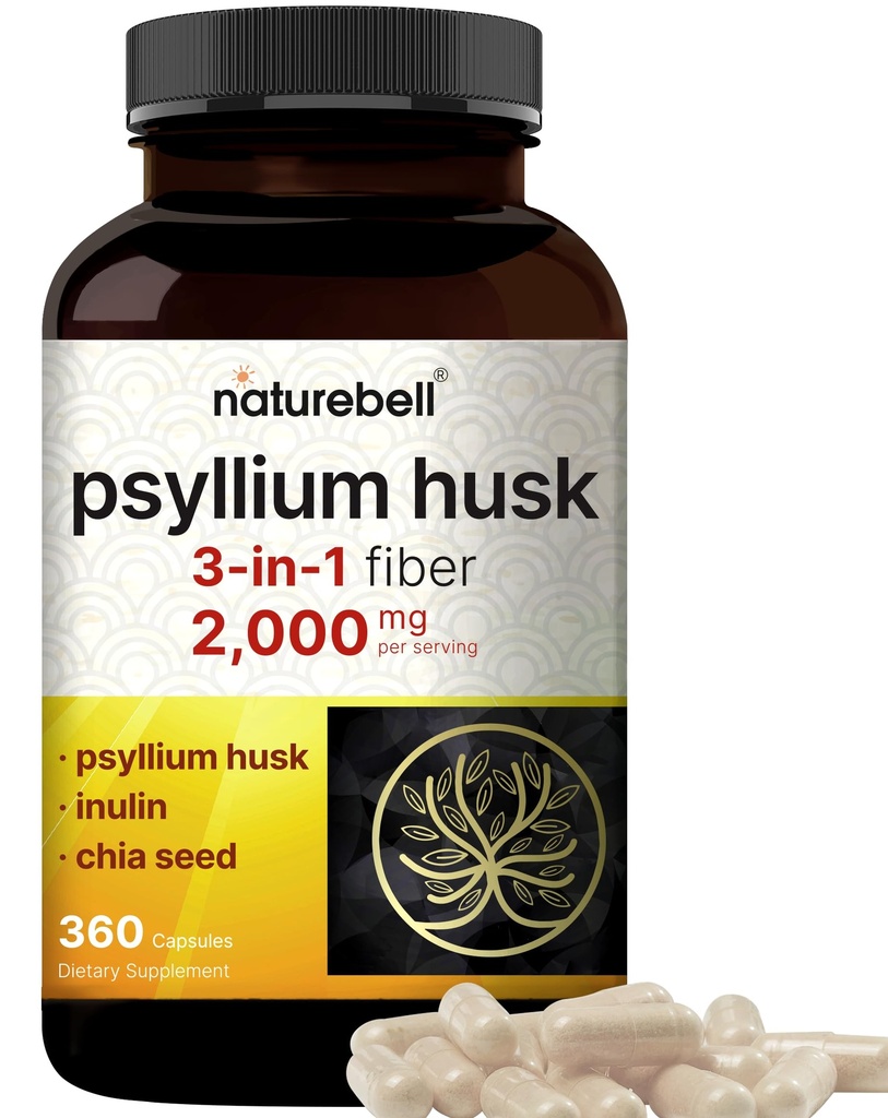 NatureBell Psyllium Husk Fiber Capsules 2,000mg Per Serving, 360 Caps | Soluble Fiber Supplement | 3-in-1 with Inulin & Chia Seed | Plant Based, Non-GMO, Gluten Free