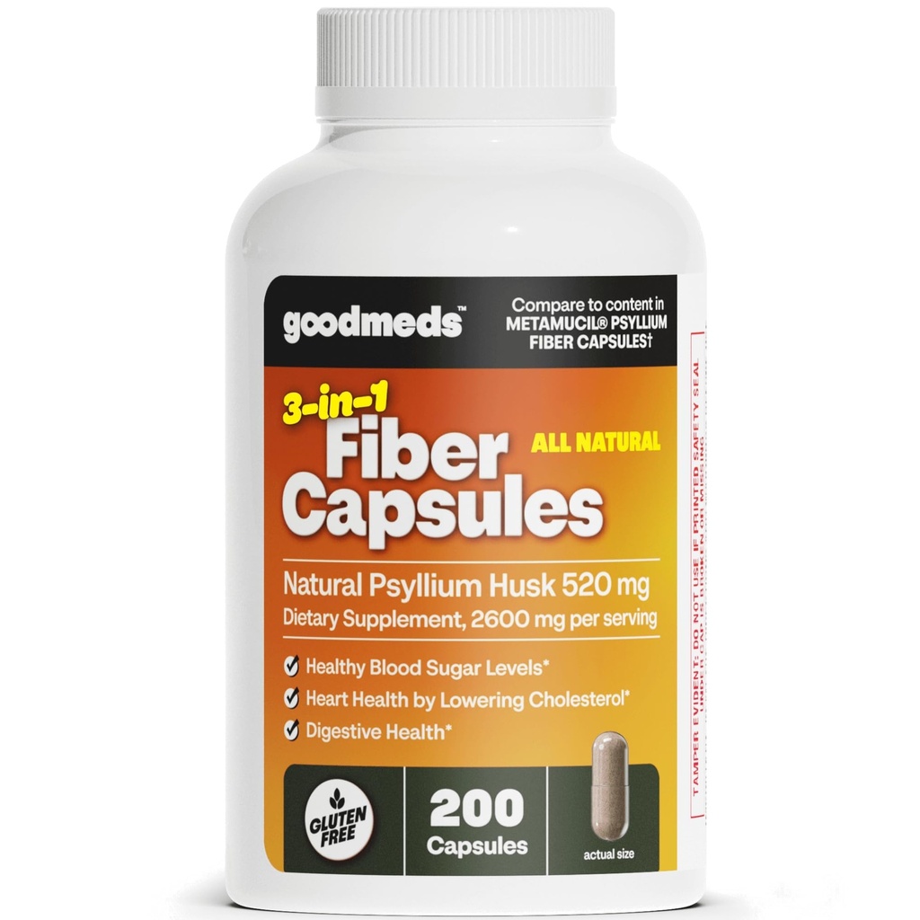 Psyllium Husk Fiber 520mg Capsules Supplement Soluble Dietary Colon Support for Women and Men, Restore Digestive Regularity and Balance (200 Count)