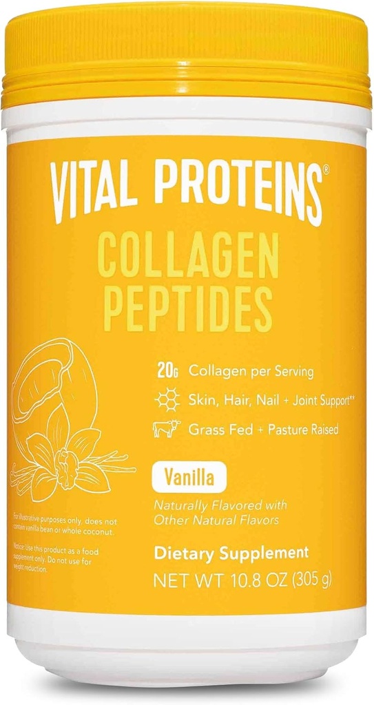 Proteínas Vital Hidrolyzed Collagen Hair Nail Joint Peptides Powder Suplemento con vainilla de Madagascar, coco, ácido hialurónico y probióticos, Dairy Free, 10.8 Oz