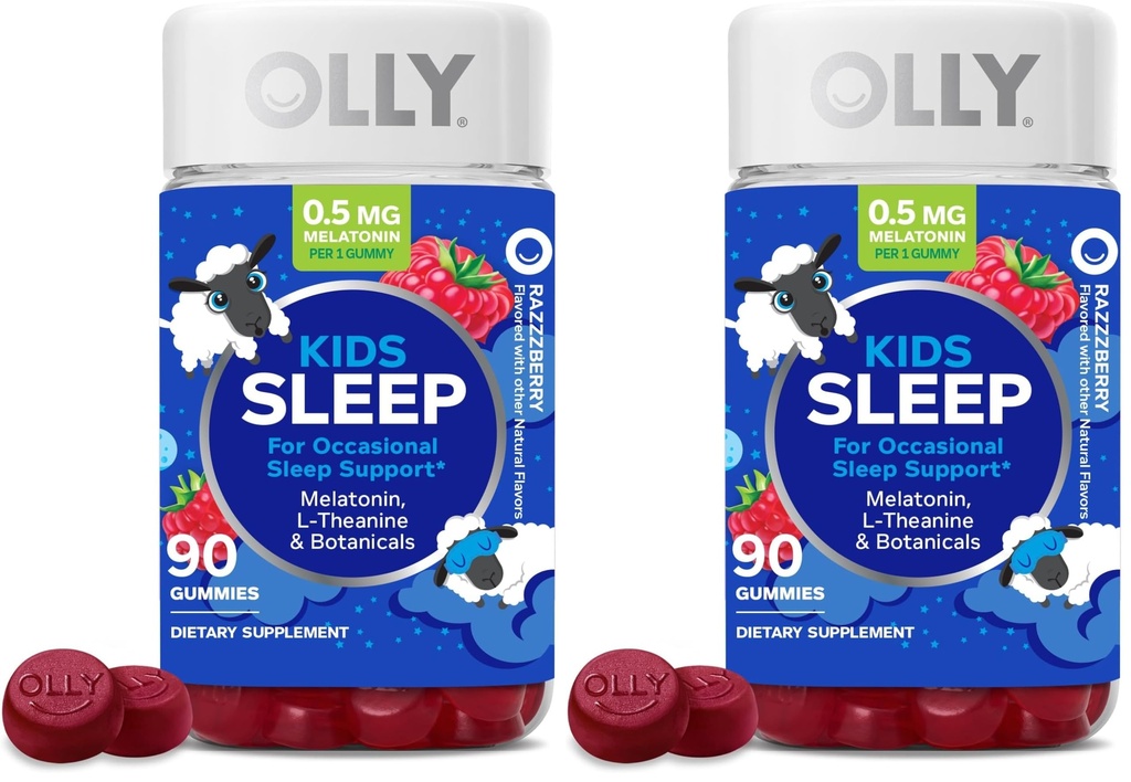 OLLY Kids Sleep Gummy,Occasional Sleep Support,0.5mg Melatonin,L Theanine,Chamomile,and Lemon Balm Extracts,Childrens Chewable Supplement,Raspberry Flavor -,90 Count (Pack of 2)