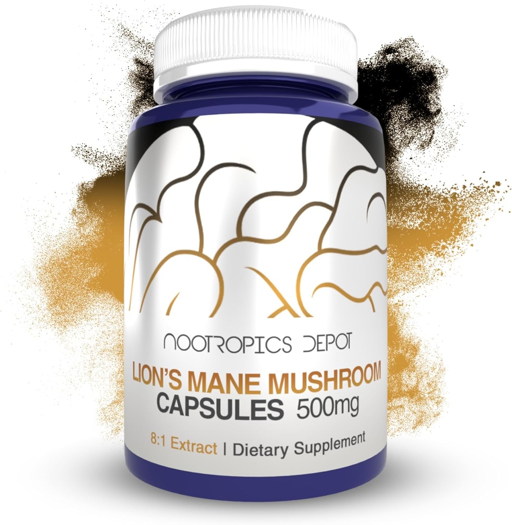Nootropics Depot Lions Mane Mushroom Capsules  8:1 Whole Fruiting Body Dual Extract TEN 500mg ANTE 180 Count ANTE Hericium erinaceus