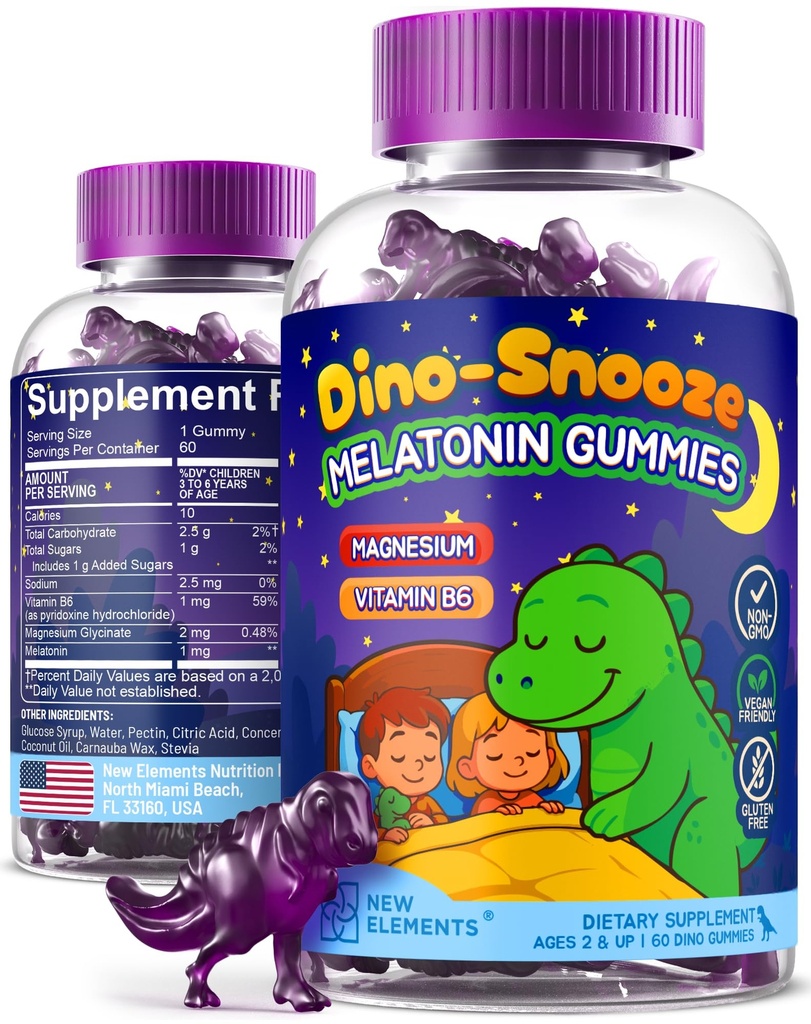 New Elements Melatonin Gummies Kids 2mg with Magnesium Glycinate & Vitamin B6 | Sleep Gummies for Kids | Dinosaur-Shaped Sleep Support | Natural Grape Flavor | Sugar Free | Non-GMO | Gluten Free