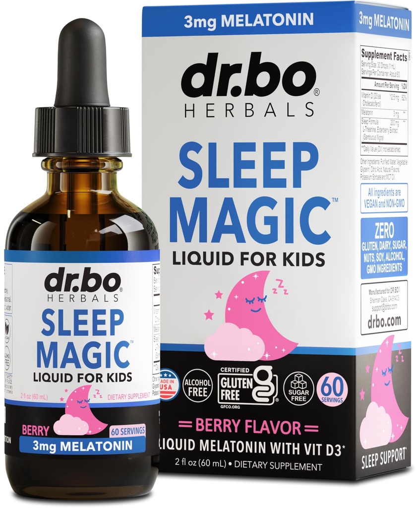Liquid Melatonin Kids Sleep Aid - Sleep Magic Kids Melatonin Liquid 3mg Berry Drops, D3, L Theanine - Children's Sleeping Aids, Natural Calm L-Theanine Supplement, Toddler Travel Essentials 2 Fl Oz