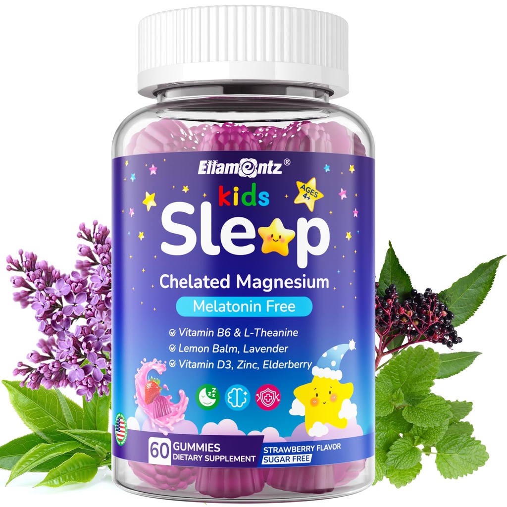Kids Sleep Gummies, NO Melatonin Sleep Aid Gummies w/ Magnesium Glycinate, Magnesium Malate, L-Theanine, Lavender, B6, Zinc, D3K2 for Restful Sleep, Relax Brain & Muscle, Immune Support, Non-GMO 1Pack