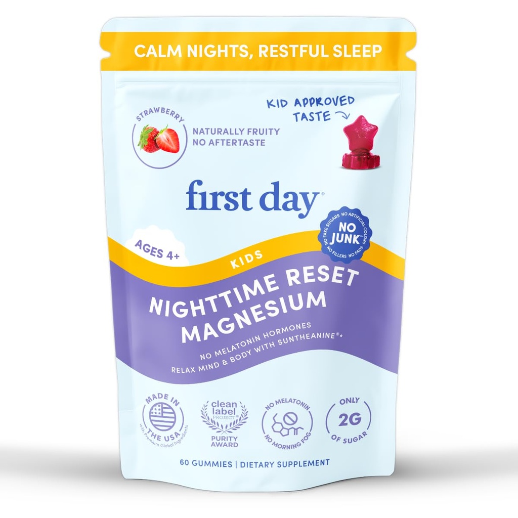 FIRST DAY Kids Magnesium Citrate Gummies (Ages 4+) with No Melatonin | Calm Kids Magnesium Gummies | Bedtime Supplement for Better Sleep with Suntheanine® L-Theanine | Strawberry | 30-Days Supply