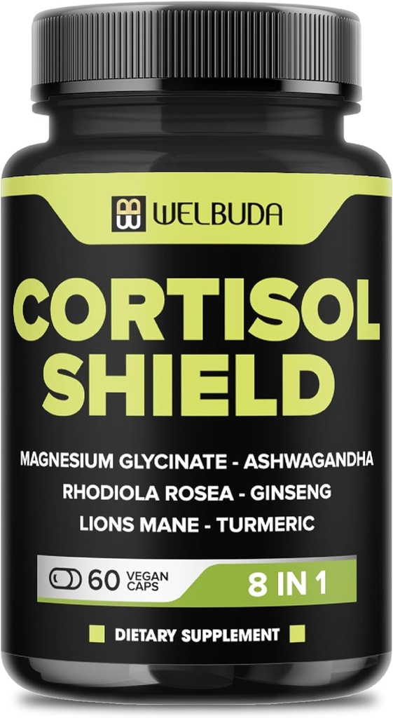 8in1 Escudo de Cortisol - Ashwagandha y Magnesio, Rhodiola Rosea, Lions Mane, Gingsen, y 3 Más - Relajación &amp; Restablecimiento de la Noche Soporte &amp; Mood Balance - 60 Cuenta
