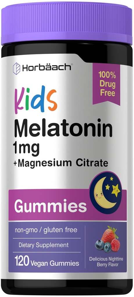 Horbaach Kids Melatonin & Magnesium | 120 Vegan Gummies | Berry Flavor | 100% Drug Free | Non-GMO and Gluten Free