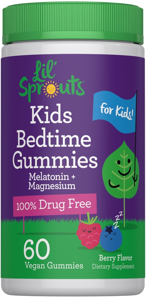 Lil' Sprouts Kids Melatonin & Magnesium | Bedtime Gummies | 60 Count | Berry Flavor | 100% Drug Free | Non-GMO and Gluten Free