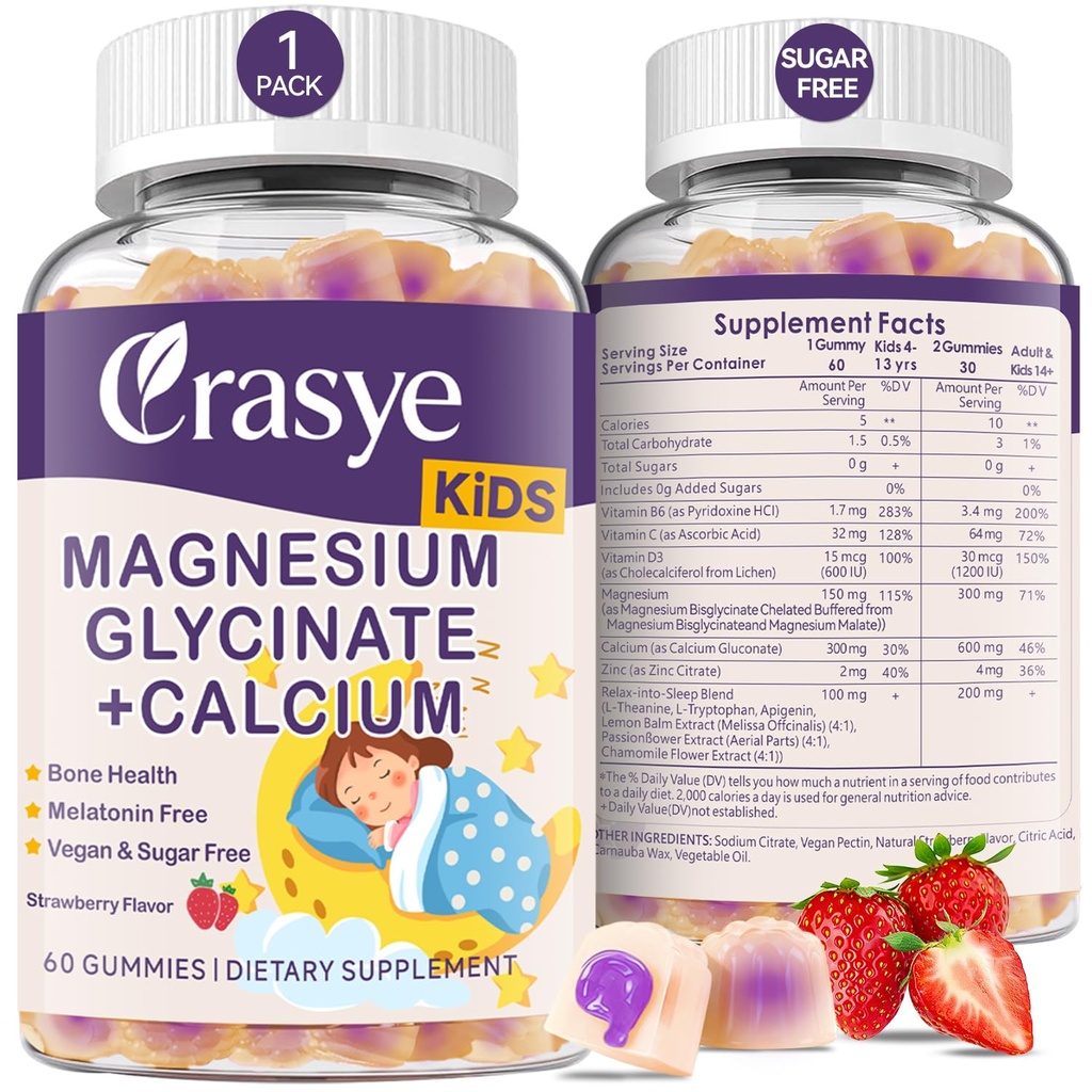 Magnesium Glycinate + Calcium Gummies for Kids Sugar Free Magnesium Gummy Kids Sleep Gummies Melatonin Free Magnesium Supplement for Children Zzz & Relax, Brain, Bone