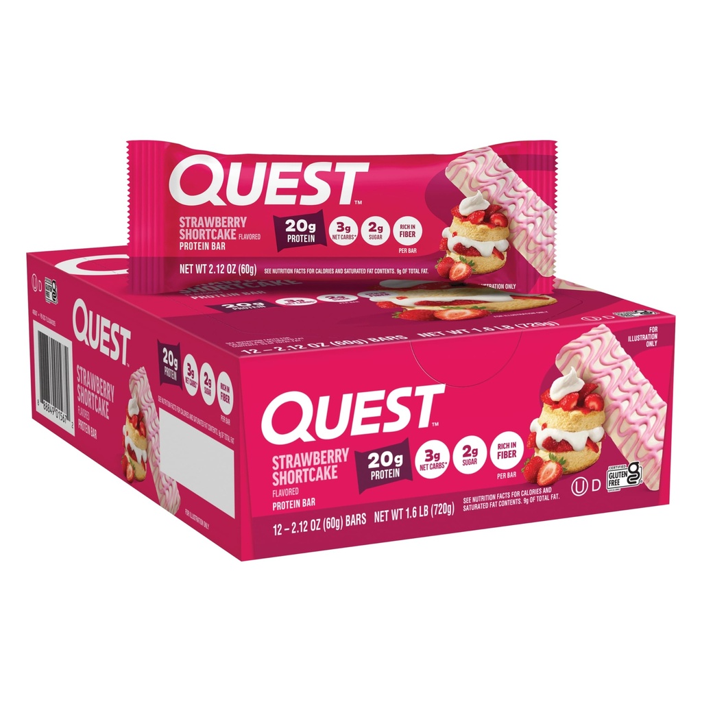 Quest Nutrition Protein Bars, Strawberry Shortcake, 20g Protein, 2g Sugar, 3g Net Carbs, 10g Fiber, Gluten Free, 12 Count