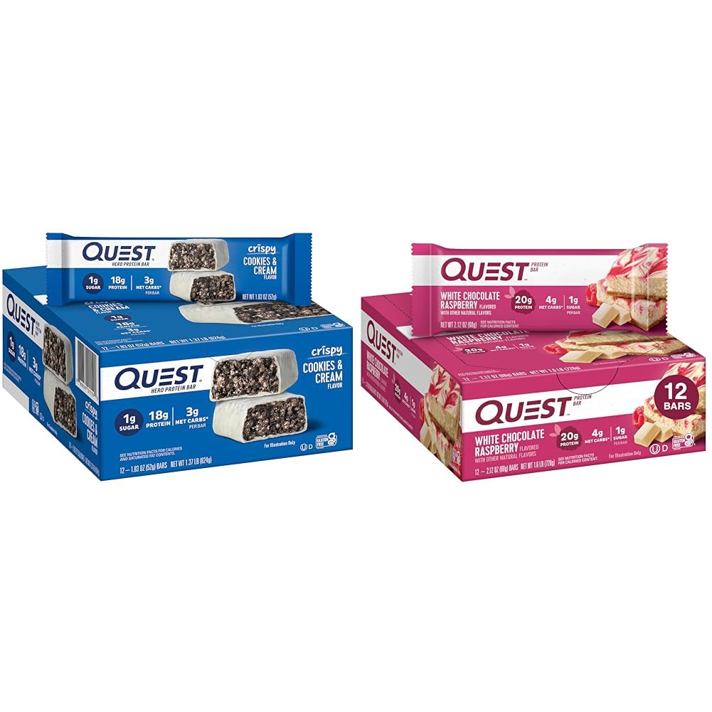 Quest Cookies & Cream and White Chocolate Raspberry Protein Bars Bundle, 18-20g Protein, 1g Sugar, Gluten Free, Keto Friendly, 12 Count
