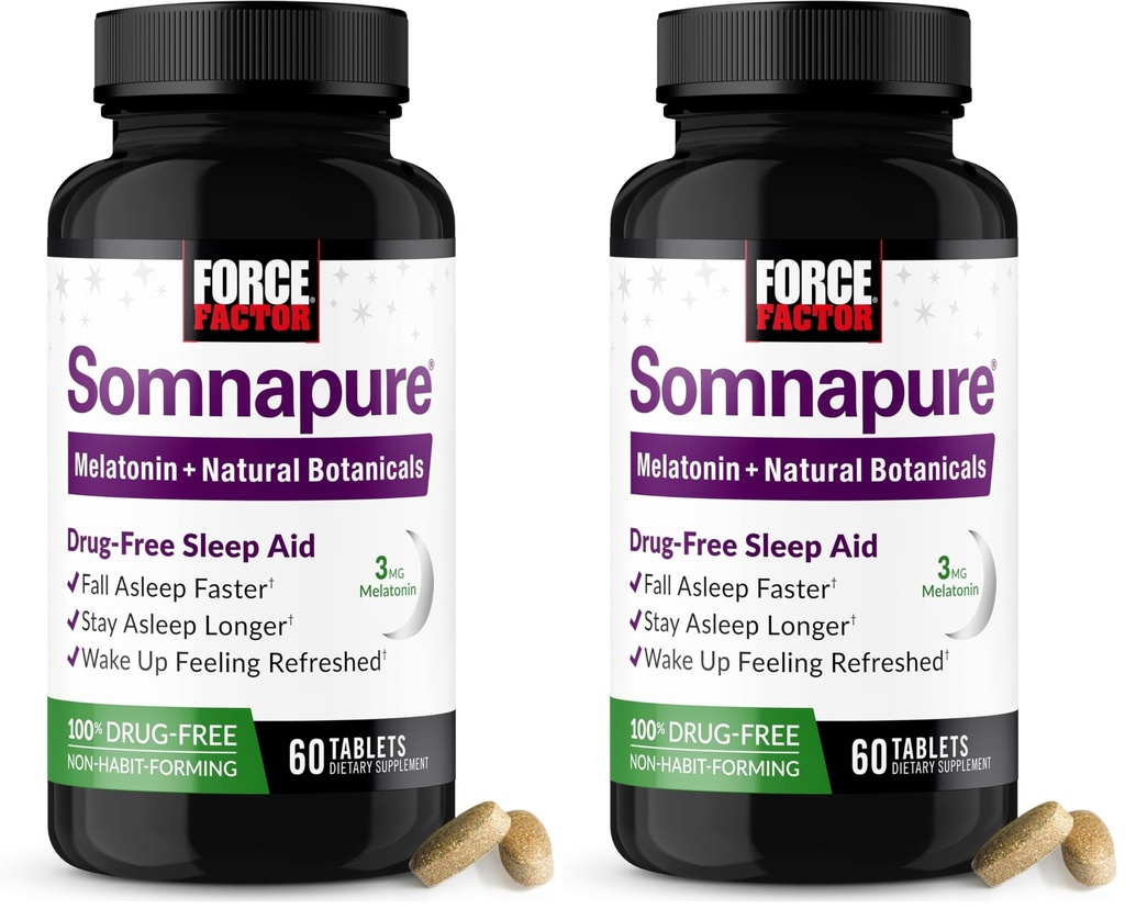 Force Factor Somnapure Drug-Free Sleep Aid for Adults for Occasional Sleeplessness with Melatonin & Valerian, Non-Habit-Forming Sleeping Pills, Wake Up Refreshed, 60 Tablets (Pack of 2)