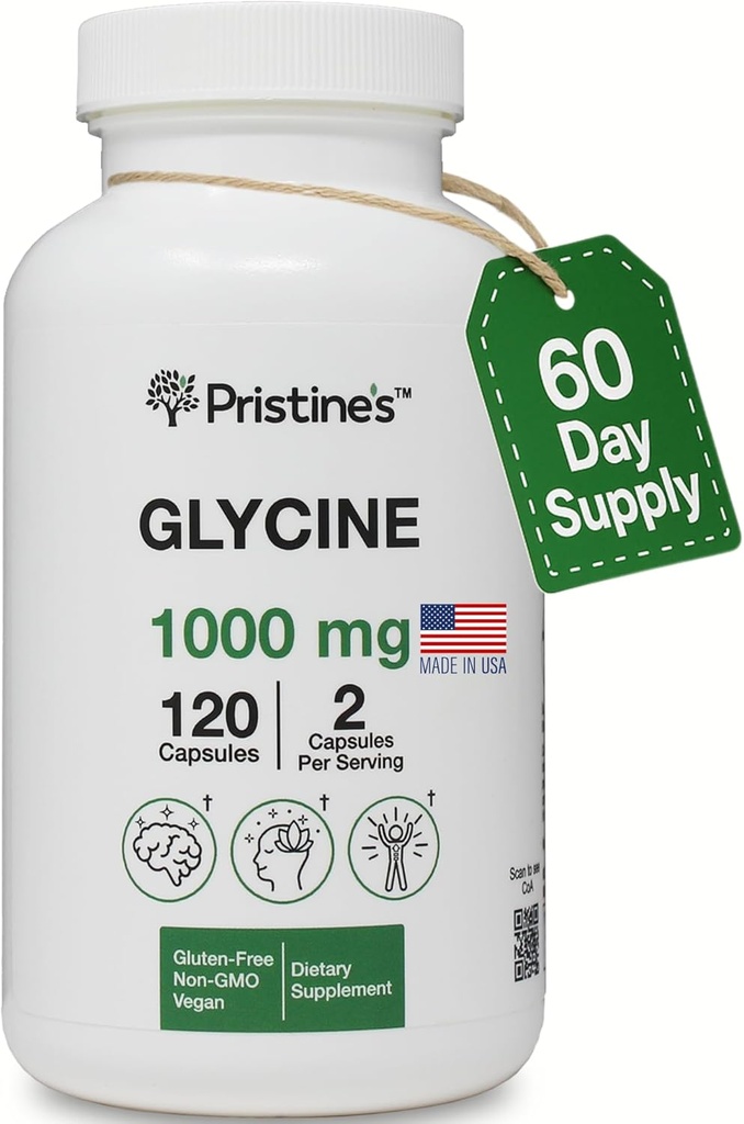 Glicina de PRISTINE 1000MG Aminoácidos Apoyo al sueño Suplemento cápsulas - 60 días de suministro - recuperación muscular, Collagen &amp; Kidney Support Suplemento - Vegan, No GMO, Gluten Free
