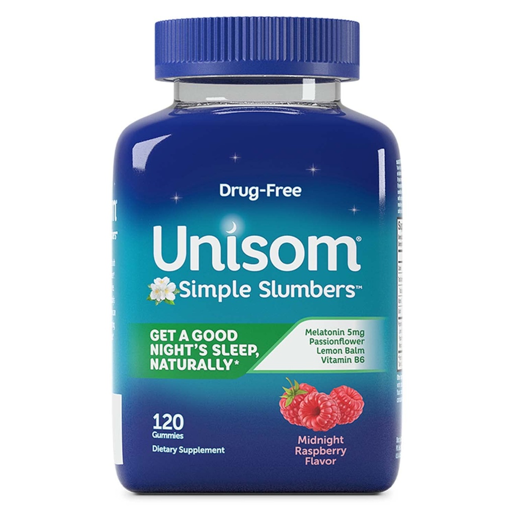 Unisom Simple Slumbers Drug-Free Sleep Aid Gummies, Melatonin 5mg, Sleep Support for Adults, Midnight Raspberry Flavor, 120 Count