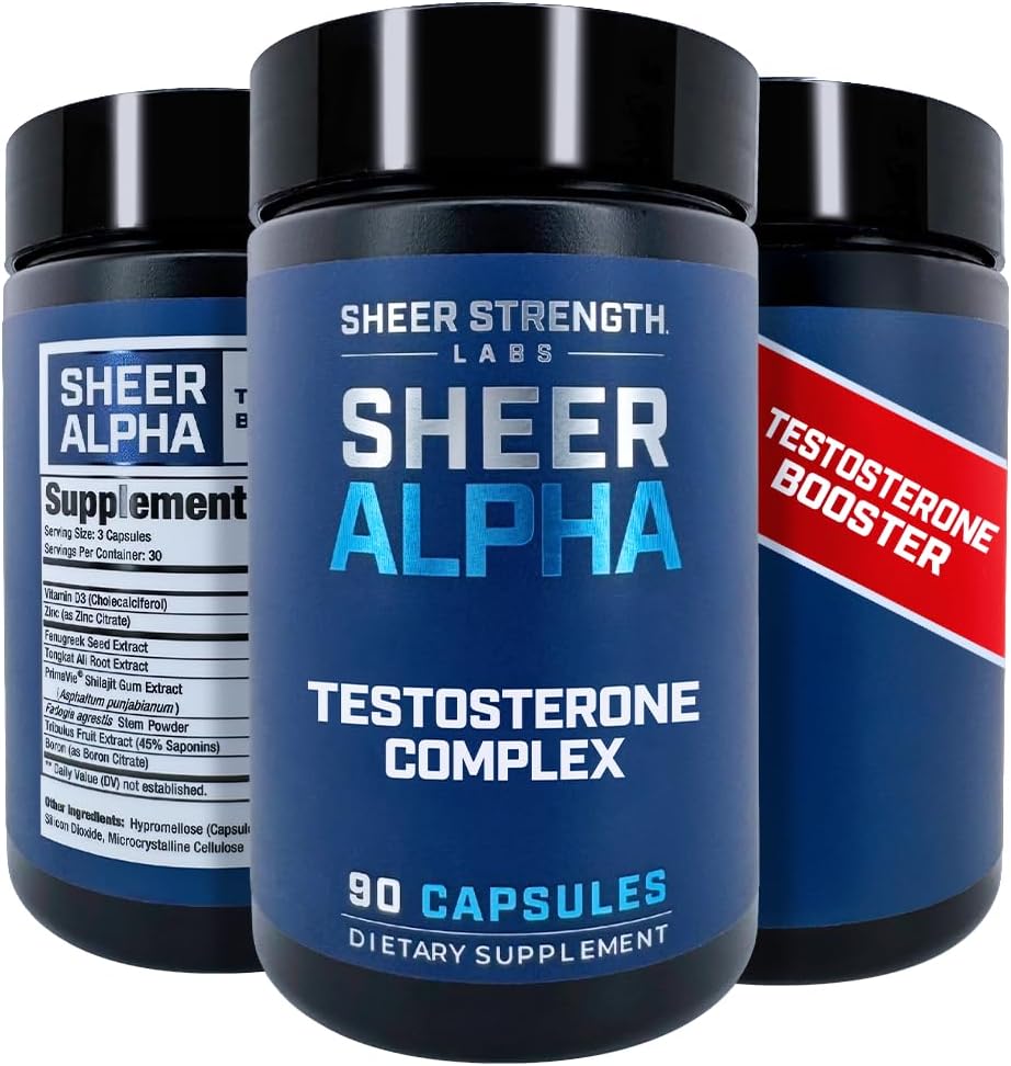 Sheer Strength Labs Testosterone Booster T-Booster para Hombre - Dosis clínicamente respaldada, Fórmula más fuerte - Made in USA - Premium Blend of Fadogia Agrestis Tongkat Ali y Shilajit. 30 Servicios