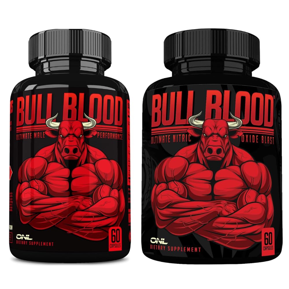 Bull Blood Testosterone Booster & Nitric Oxide Supplement for Men – Maca Root, Tribulus, Tongkat Ali & L-Arginine – Stamina & Vitality Support – 60 Ct Each