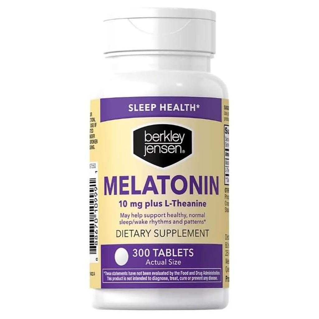 Berkley Jensen Melatonin 10mg, 300 Tablets Bottle - Sleep Supplement w/L-Theanine - Supports Restful Sleep & Healthy Sleep/Wake Cycles - Non-Habit Forming Gluten & Lactose Free Sleep Aid for Adults
