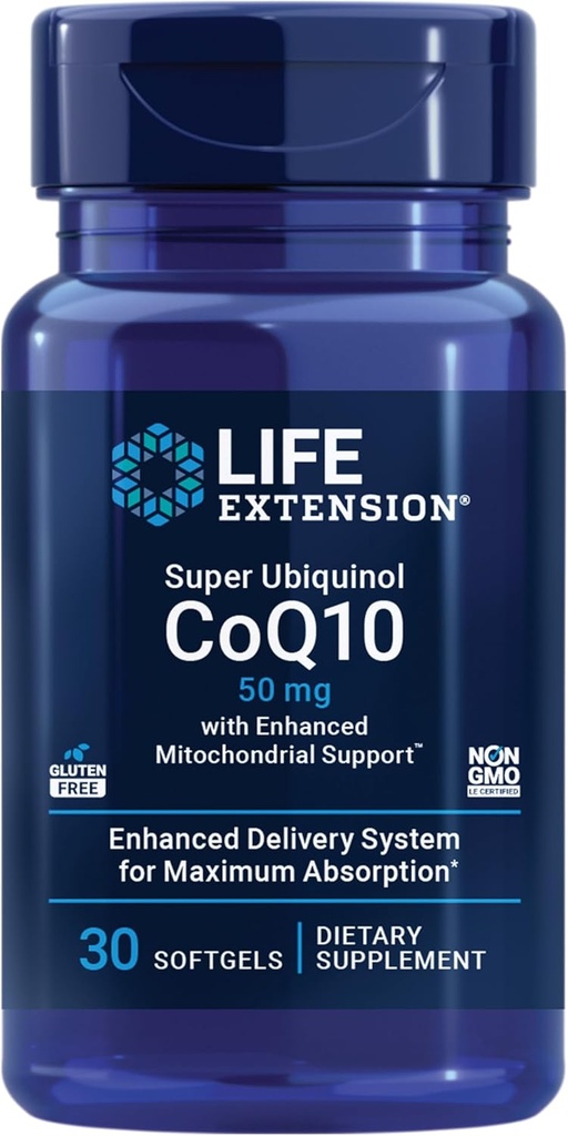 Super Ubiquinol CoQ10 con soporte mitocondrial mejorado, suplemento de salud cardíaca, absorción máxima, 50 mg, no GMO, libre de gluten, 30 softgeles