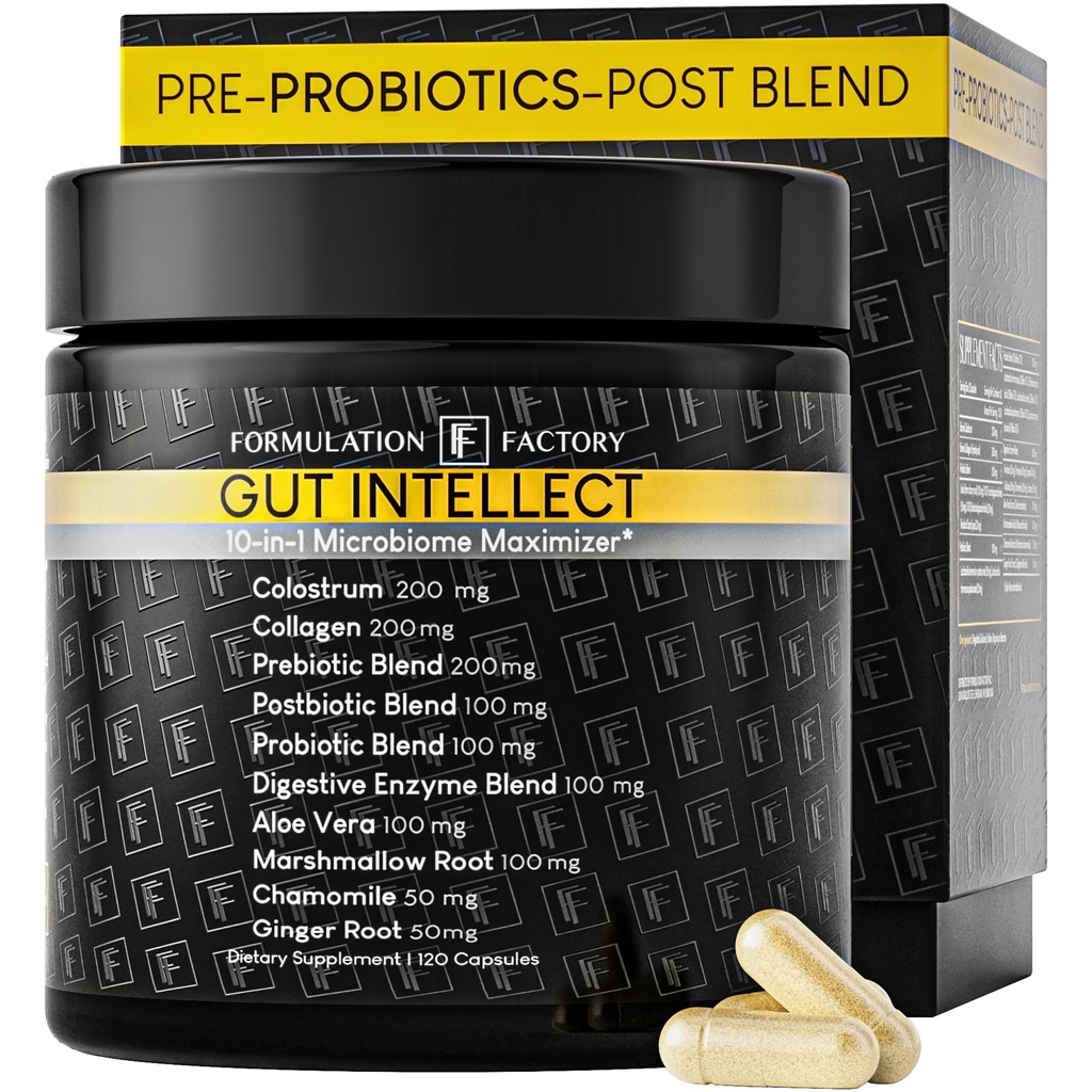 Formulation Factory Probiotics for Women & Men - Gut Intellect 10-in-1 Digestive Enzymes with Prebiotics and Postbiotics - Total Gut Health Supplement - 120 Capsules, 2 Month Supply