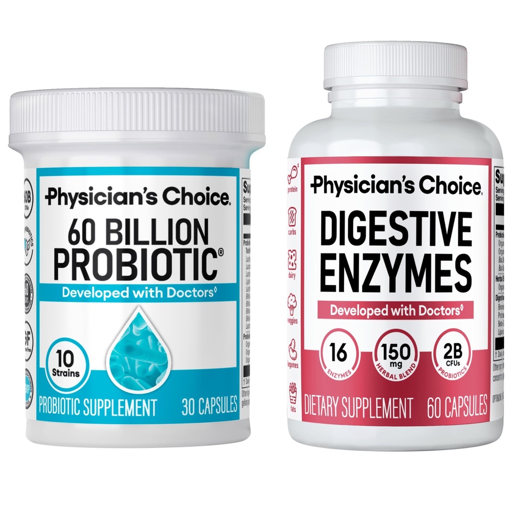 Physician's CHOICE Advanced Gut Health Bundle: 60 Billion Probiotics 30ct + Digestive Enzymes 60ct for Digestive, Gut, and Immune Health Supports Occasional Constipation, Diarrhea, Gas, and Bloating