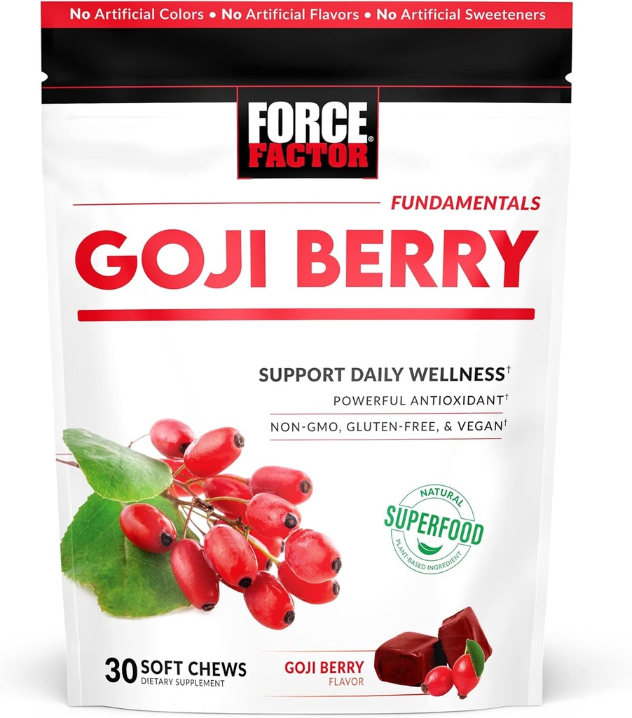 FORCE FACTOR Goji Berry Soft Chews Superfood Antioxidants Suplemento para apoyar ojos saludables y la piel, salud inmune e inflamación, no Gluten-Free, Vegan, Goji Berry Flavor, 30 cerdas suaves