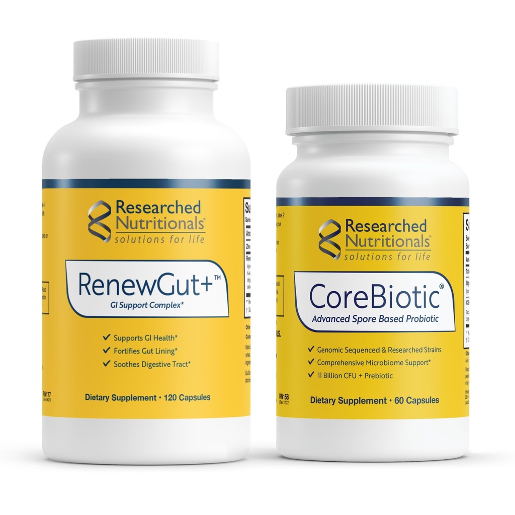 Researched Nutritionals Gut Health Bundle - CoreBiotic Spore Probiotic (60 Capsules) & RenewGut+ GI Complex to Support Gut Lining, Healthy Histamine Levels & Digestive Health (120 Capsules)