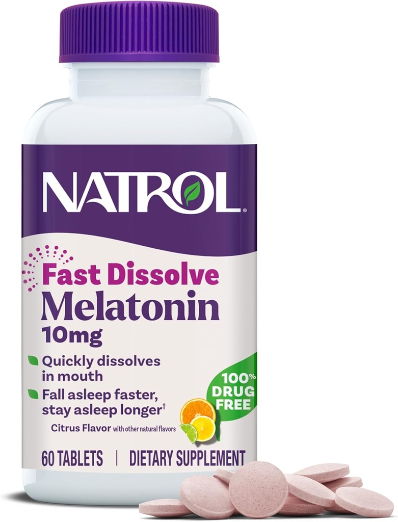 Natrol Fast Dissolve Melatonin 10 mg, Melatonina Suplementos para el sueño reparador, Apoyo al sueño para adultos, 60 tabletas con sabor a citrus, hasta un suministro de 60 días