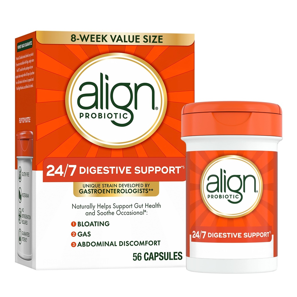 Probióticos alineados, Soporte Digestivo 24/7*§, Probióticos para Mujeres y Hombres, Probióticos para Salud Digestiva, Hombres y Mujeres Capsules Probióticos Ayuda Aliviar Bloating Ocasional & Gas*, 56 cápsulas