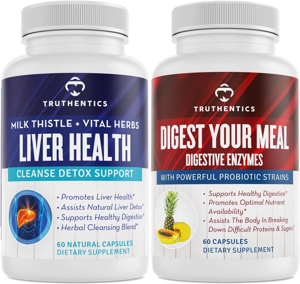 TRUTHENTICS Liver Health and Digestive Enzymes Bundle - Support for Liver Cleanse Detox, Digestion, Nutrient Absorption, Occasional Gas and Bloating - Gluten Free, Non-GMO