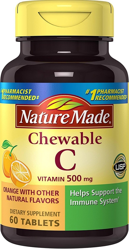 Nature Made Chewable Vitamina C 500 mg Tablets, 60 Cuenta para Ayudar al Sistema Inmunitario (Pack of 3)