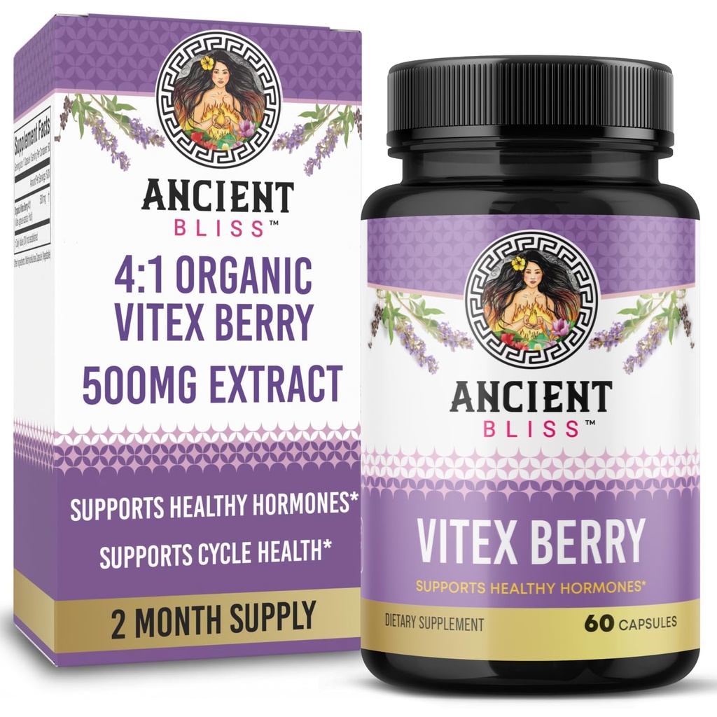 Ancient Bliss Vitex Chasteberry Supplement – Organic Vitex Agnus-Castus 4:1 Extract 500 mg – Supports Hormone Balance for Women, Cycle Health & Monthly Comfort Support – 60 Capsules