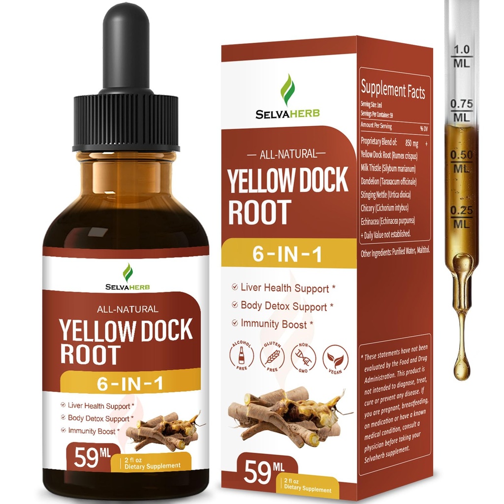 Yellow Dock Root Organic Drops for Liver Health Support, Body Detox & Immunity Boost Herbal Supplements with Milk Thistle Dandelion Chicory Echinacea Extract. 2oz