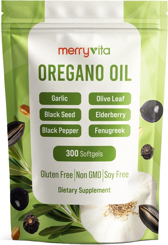 MERRY VITA Oil of Oregano with Black Seed Oil– Oregano Oil Capsules Organic, High Carvacrol – Aceite de Orégano Cápsulas, Immune Support Supplement – Non-GMO - 300 Softgels