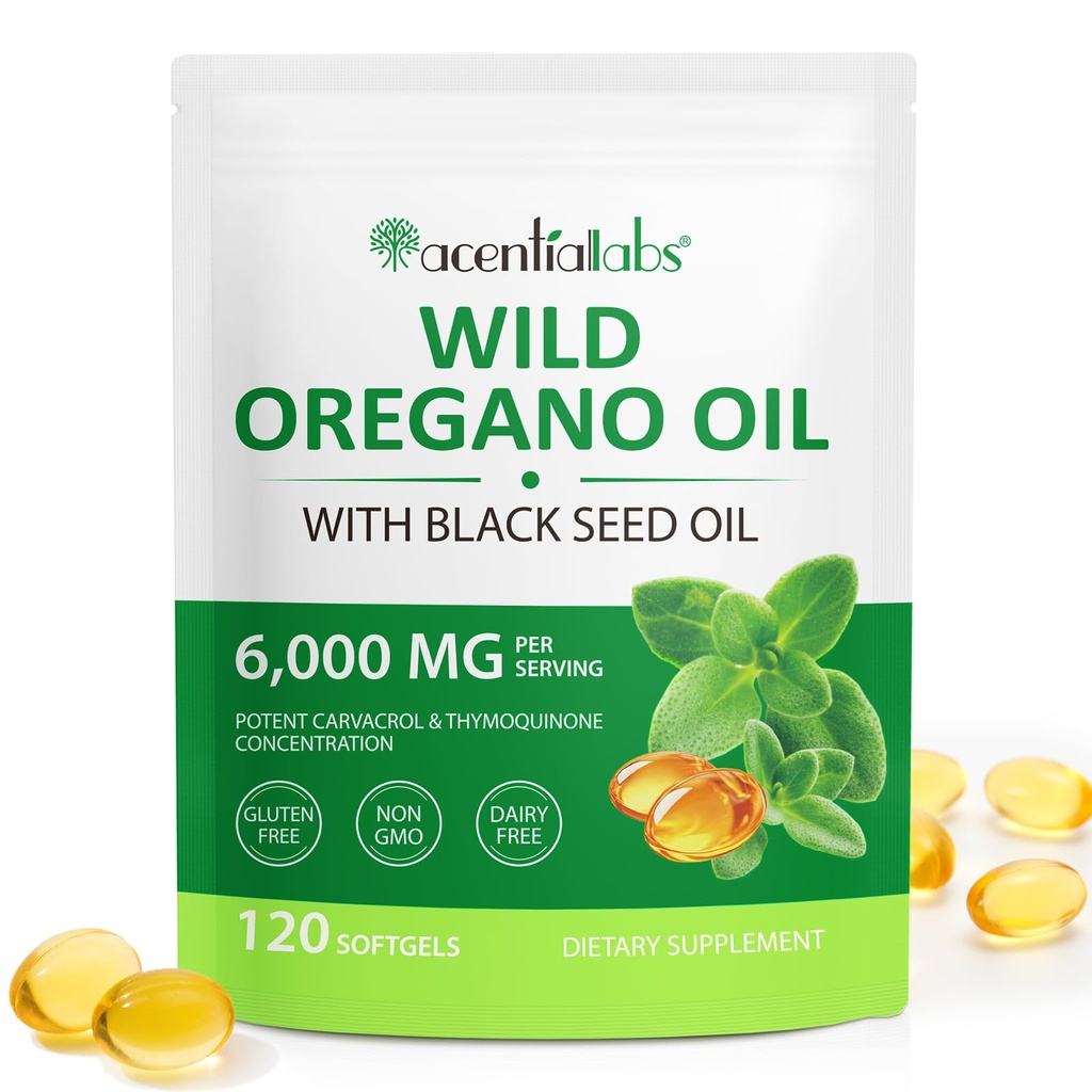 Oil of Oregano Softgels, 120 Count Oregano Oil Capsules Organic, 2 in 1 6000mg Oil of Oregano with Black Seed Oil, Natural Defense Supplement, Non-GMO, Easy to Swallow