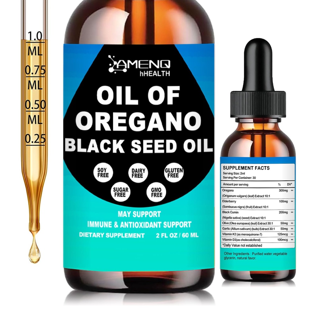 Oil of Oregano with Black Seed Oil - Organic Oregano Oil 300mg Drops with Elderberry Olive Leaf for Immune, Digestive & Seasonal Health, Fast Absorption Liquid Oregano Oil Supplement for Women & Men