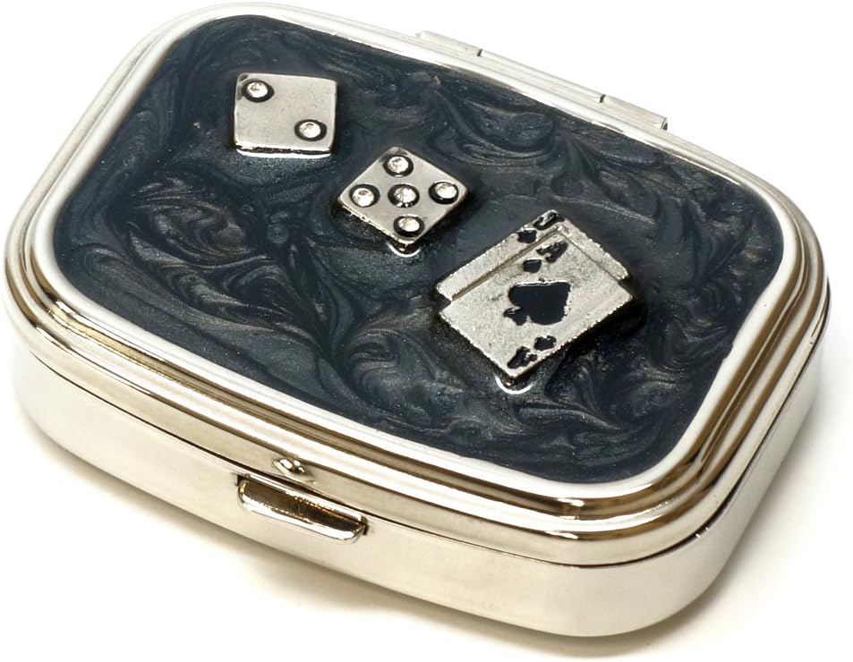 9338 Rectangular Small Pill Box Organizer Black Silver Poker & Dice Women Travel Pill Case Purse Pocket Container Daily Portable Medicine Vitamin Box Medication Supplement Mini Storage