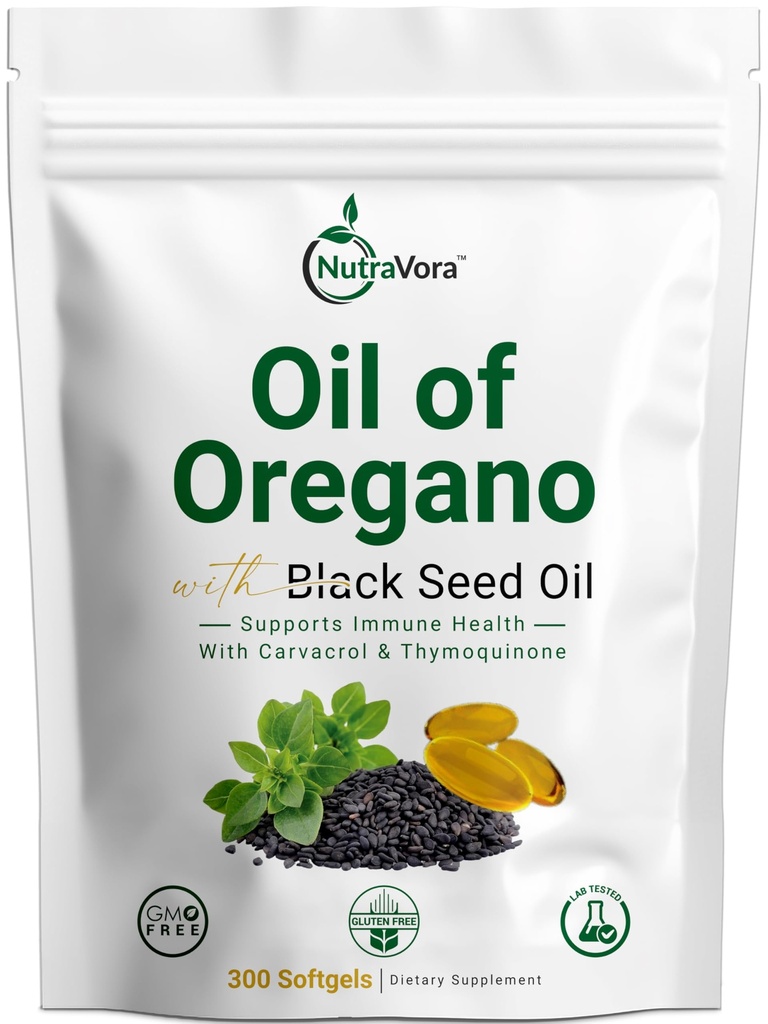 Oil of Oregano with Black Seed Oil Capsules – Natural Immune & Respiratory Support Supplement – High Potency with Carvacrol & Thymoquinone – Non-GMO, Gluten-Free, Lab Tested – 300 Softgels