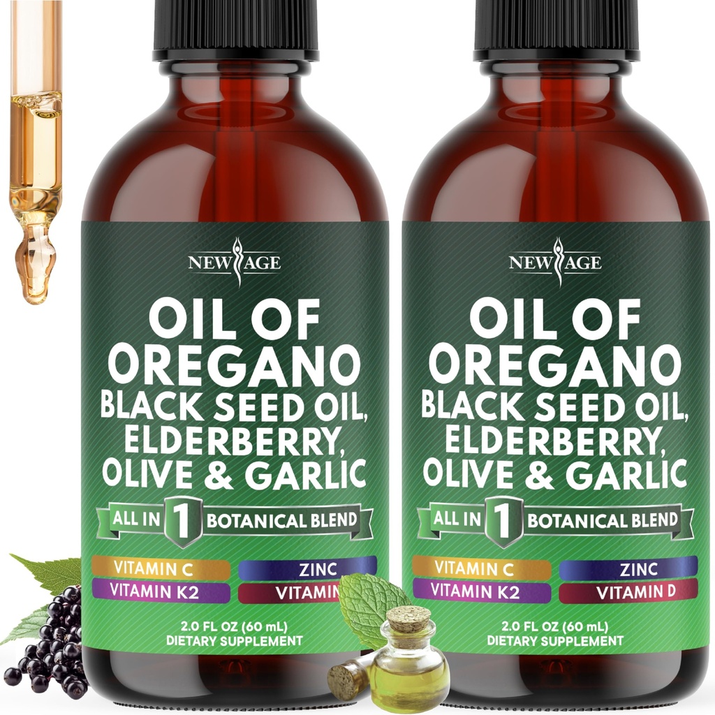 NEW AGE Oil of Oregano Drops - Black Seed Oil, Elderberry, Vitamin D, D3, K2, Olive, Garlic - Immune Support Supplement Wellness Formula, Zinc Supplements Liquid - 4Fl Oz