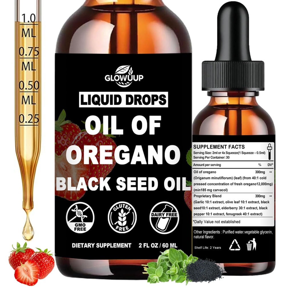Oil of Oregano with Black Seed Oil Liquid Drops, High Carvacrol & Thymoquinone Aceite de Orégano, Oregano Oil Supplement for Immune & Gut Health, Fast Absorb Oregano Liquid Than Capsules丨2Fl Oz, Vegan