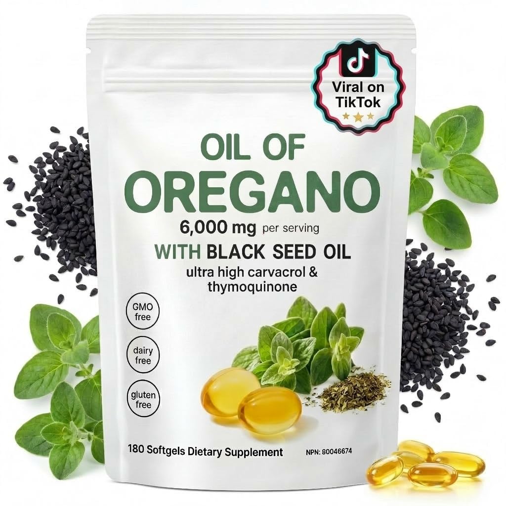 J-PRQ 2-in-1 Oil of Oregano Softgels, Organic Oregano Oil Supplement Capsules, Non-GMO, 6000 mg Oregano Oil and 200 mg Black Seed Oil