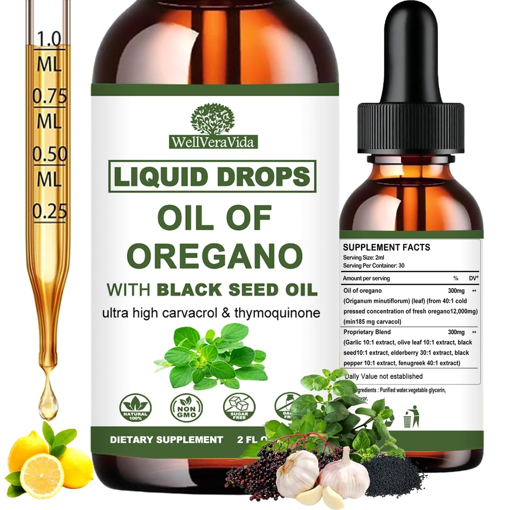 Oil of Oregano with Black Seed Oil, 7-in-1 Organic Oregano Oil Drops W/Garlic Elderberry Olive Leaf, Carvacrol & Thymol*丨Natural Herbal Supplements for Seasoning Immune, Antioxidant Support丨Vegan