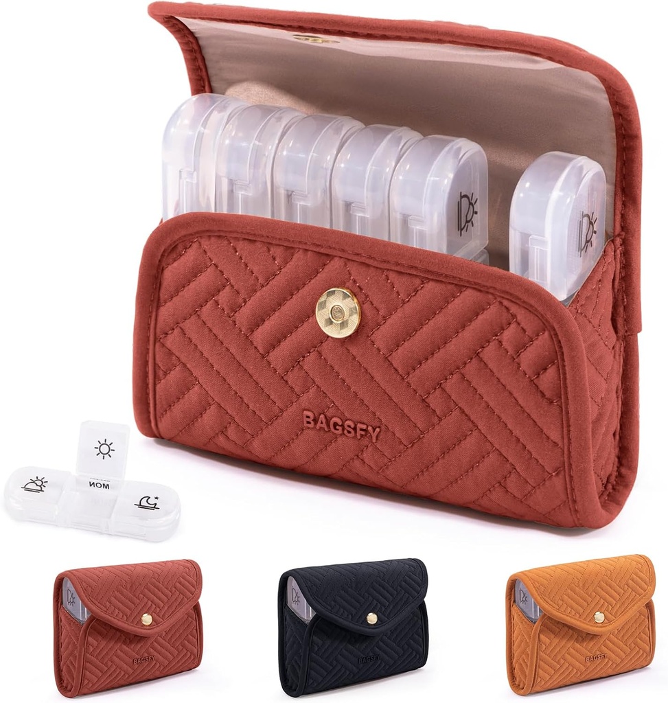 BAGSFY Organizador semanal de píldoras 3 veces al día en un lindo caso de tela, organizador de píldoras, caja de píldoras, caja de carga de viaje portátil, recipiente para medicamentos, vitaminas, aceites de pescado, suplementos