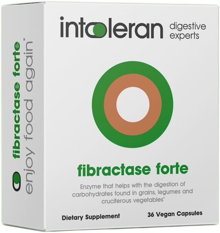 Intoleran Fibractase Forte Digestive Enzymes - 36 Capsules tención Suplemento para Fructans ' Galactans Intolerance ¦ Ayuda Digest Carbohydrates; Grains, Legumes, Onion, Ajo &amp; trigos