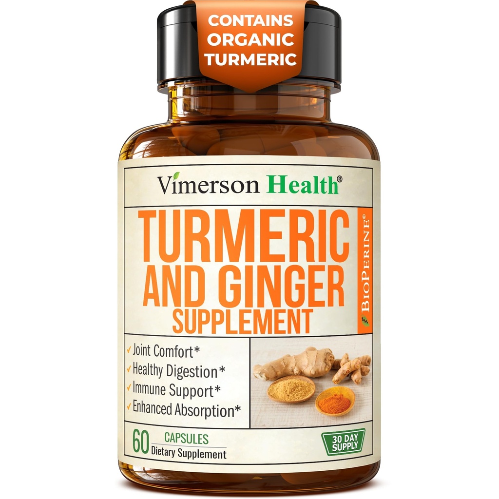 Turmeric and Ginger Supplement with Black Pepper for Joint Support, Digestive & Gut Health - Contains Organic Turmeric with Ginger Root Supplement and BioPerine for Enhanced Absorption - 60 Capsules