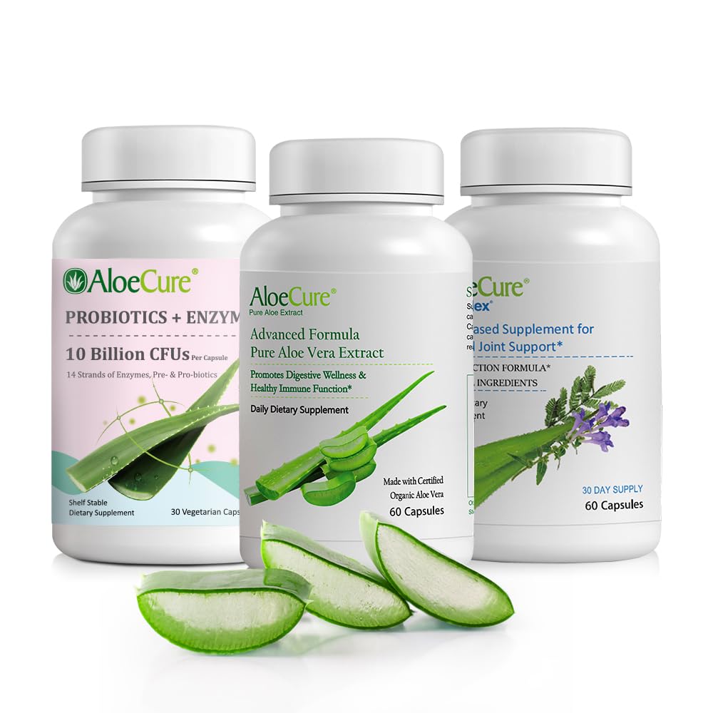 AloeCure Organic Aloe Vera Capsules Pack - 3 Pieces - VeraFlex, Aloe Vera Capsules, Probiotics + Enzymes