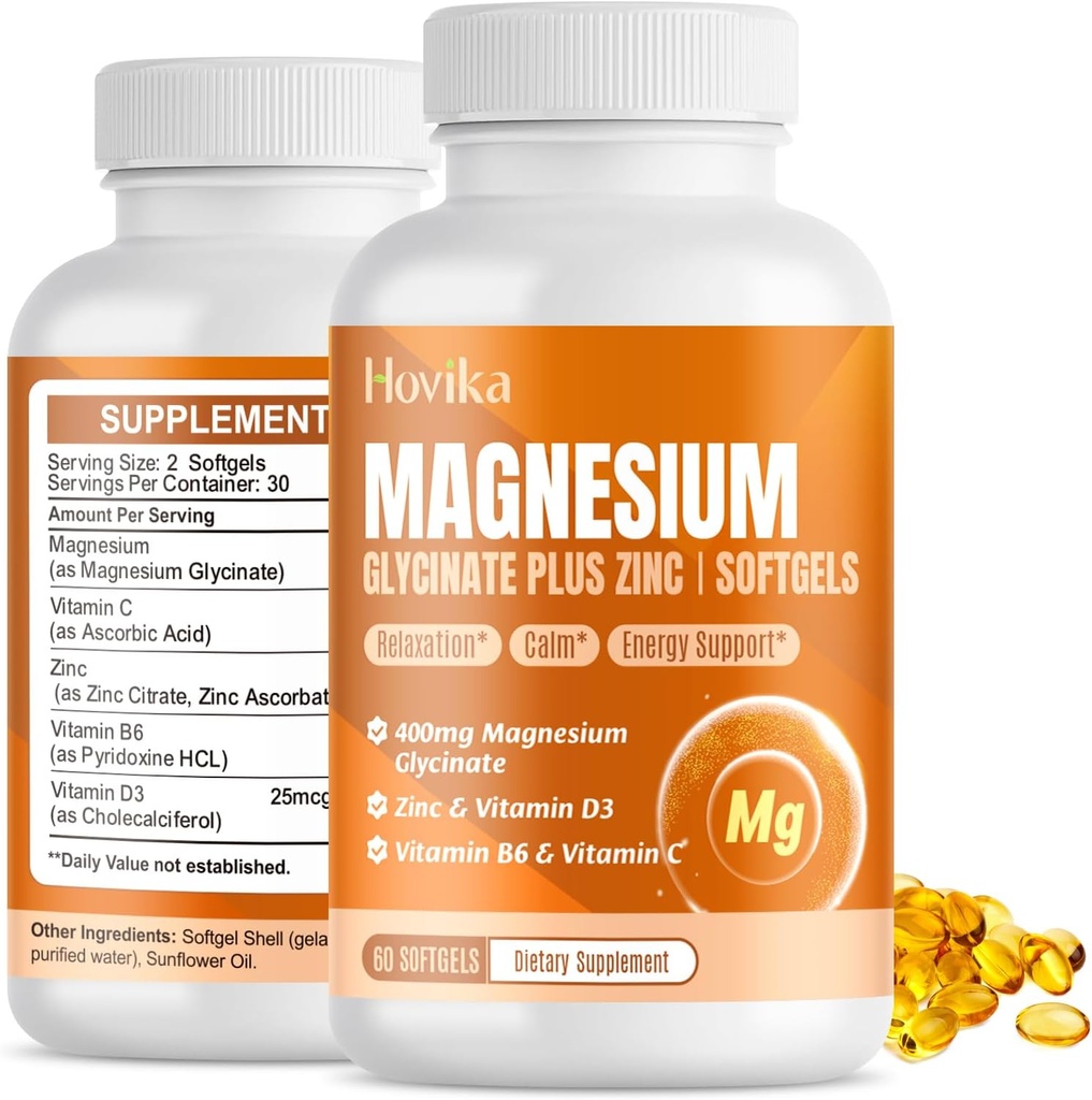 Magnesium Glycinate Suplemento Softgels, Magnesium Glycinate 400mg con Zinc, Vitamina B6, C, D3, Magnesio puro para el sueño, la calma, el músculo, la energía, el apoyo al corazón - 60 cápsulas Vegan para hombres y mujeres