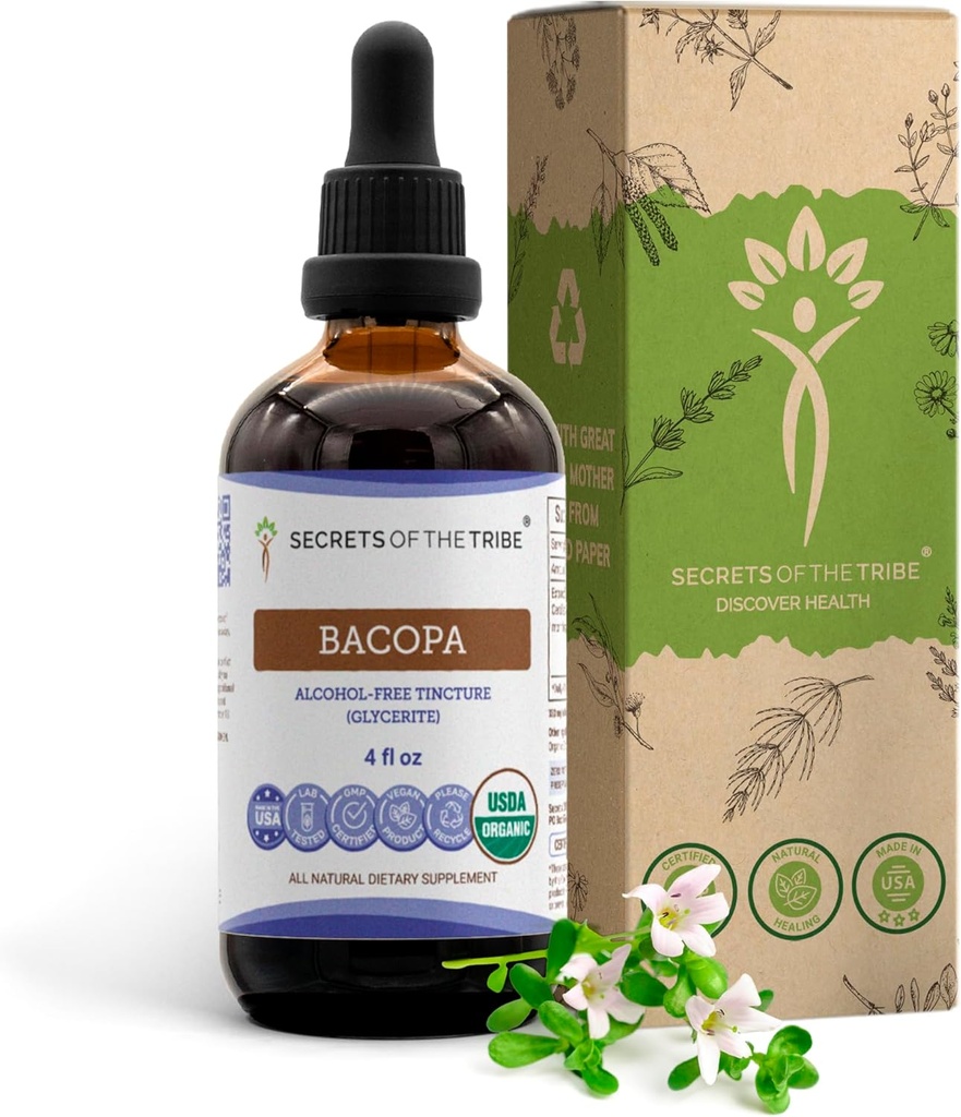 Bacopa USDA Orgánica ← Extracto de alcohol-FREE, gotas herbales de alta potencia, Relajación, efecto cognitivo positivo tención Hecho de Bacopa orgánica 100% certificada (Bacopa Monnieri) Herb seco 4 oz