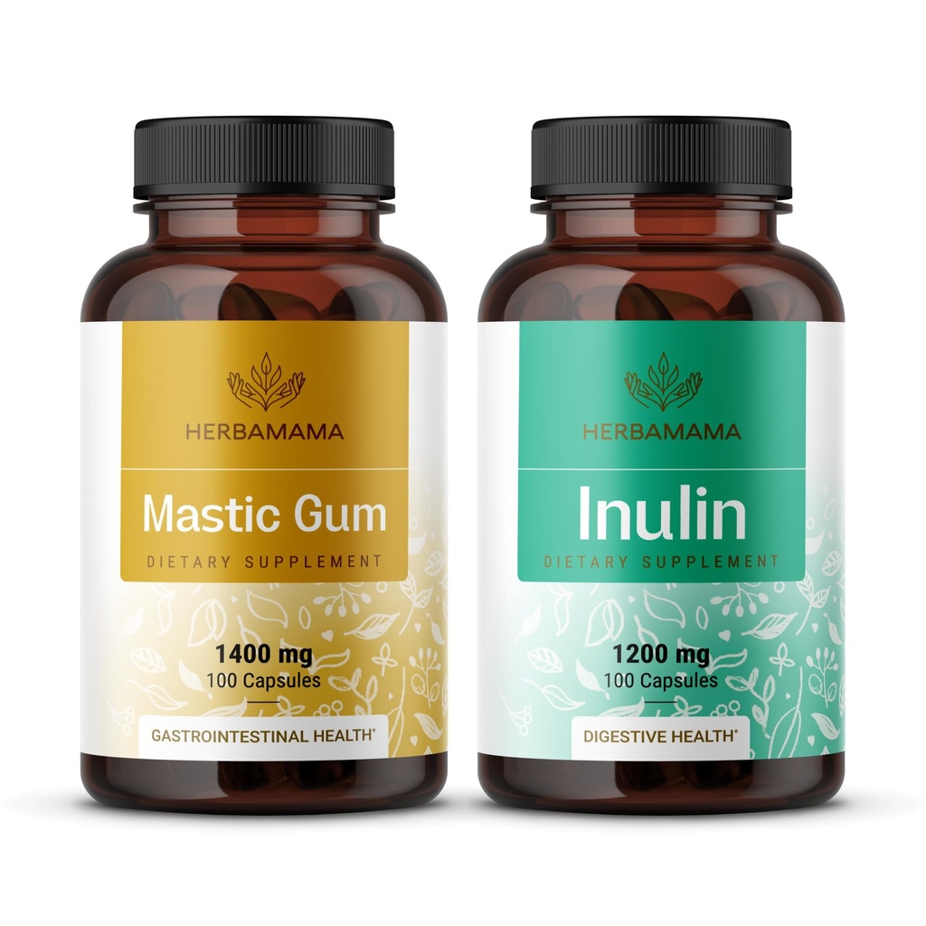 HERBAMAMA Mastic Gum and Inulin Kit - Bundle of Mastic Gum Capsules & Inulin Fiber Capsules - Vegan, Non-GMO, Gelatin-Free - 2 Pack