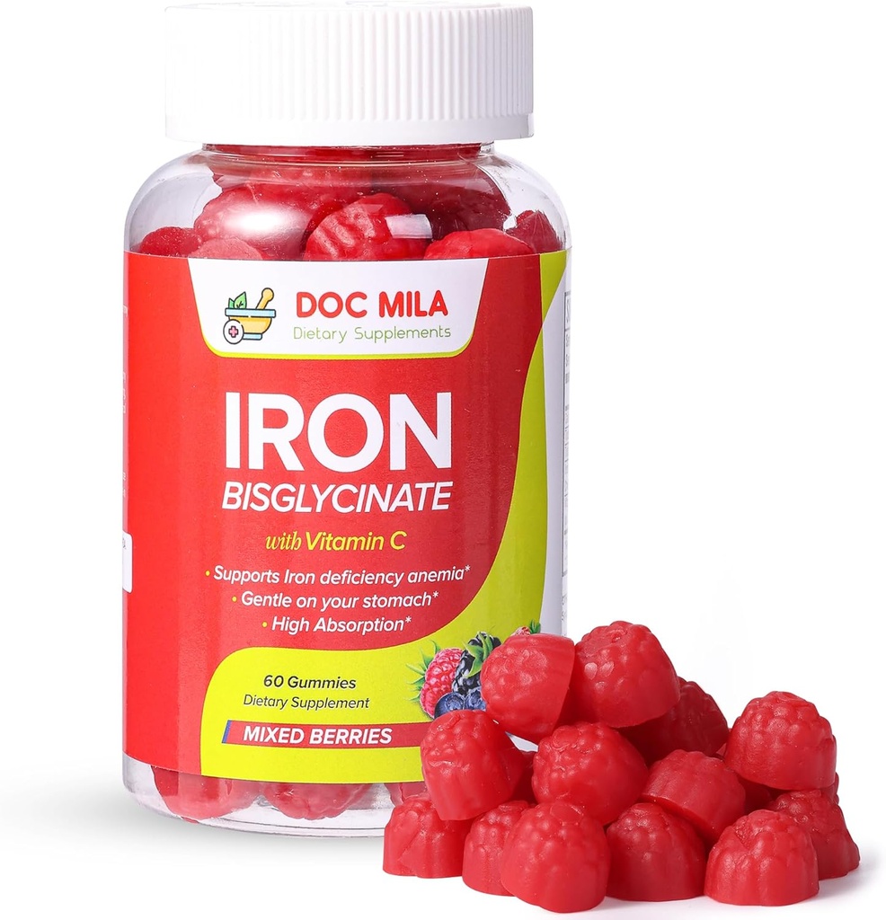Suplemento de hierro para niños y adultos - Iron Bisglycinate Gummies 25mg con Liposomal VIT C - Suplemento de Hierro Chelated para Mujeres y Hombre - 60 Gummies, 1 Mes de Suministro